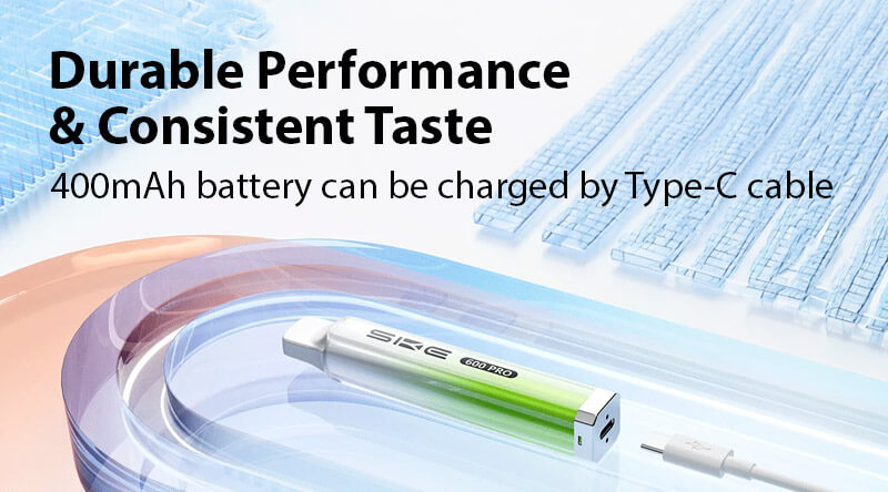 Durable Performance & Consistent Taste - 400mAh battery can be charged by Type-C cable